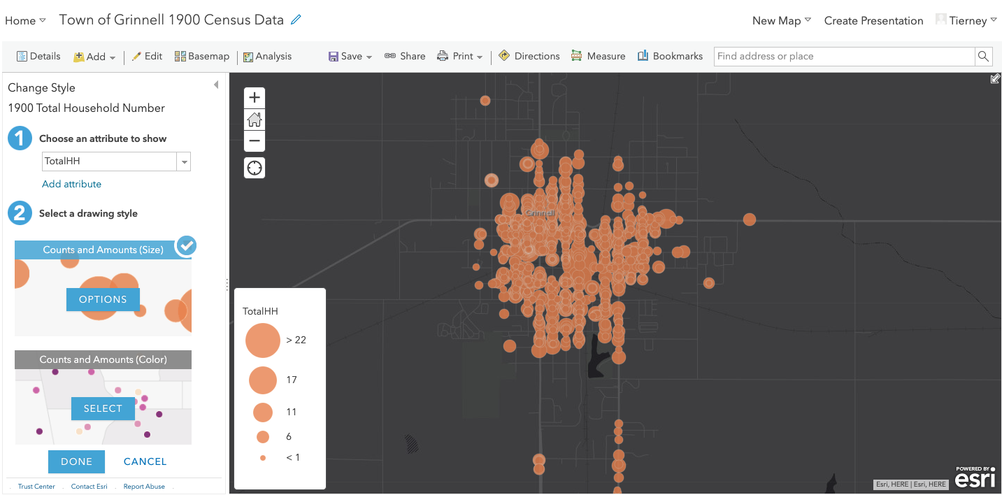 Screenshot of an ArcGIS Online map. On the left, a pane with layer visualization choices, with Counts and Amounts (sizes) option selected. And on the right, a map with points plotted for the town of Grinnell in 1900.