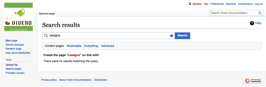 Screenshot of MediaWiki search with no results and prompt to create a page