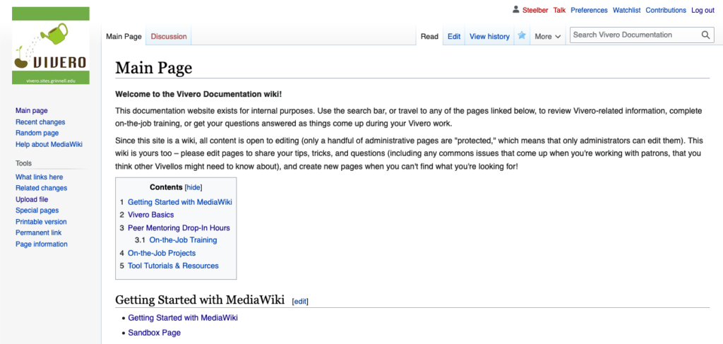 Screenshot of Vivero Documentation wiki homepage