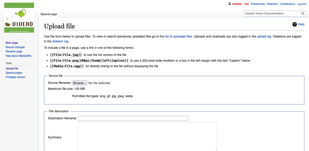 Screenshot of MediaWiki upload file page