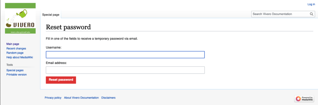 Screenshot of MediaWiki reset password page