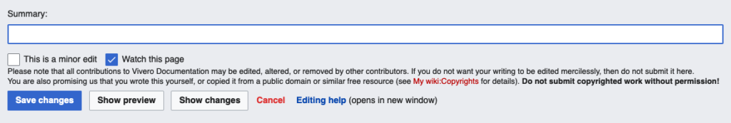 Screenshot of MediaWiki Edit page summary box 