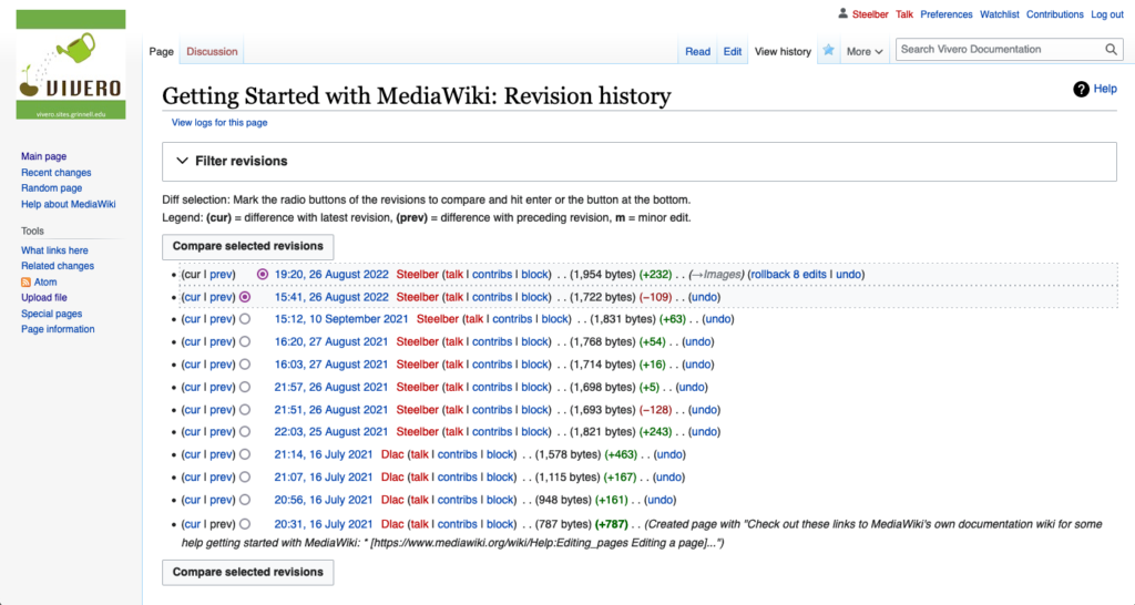 Screenshot of a MediaWiki page revision history