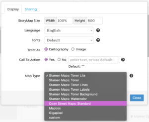 Screenshot of StoryMapJS map options