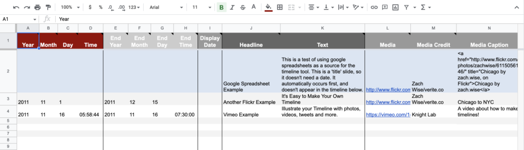 Screenshot of sample TimelineJS Google Sheet