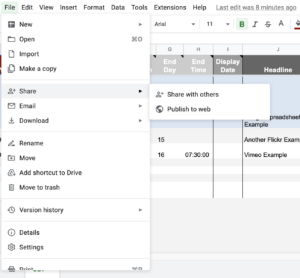 Screenshot of Google Sheets "Publish to the Web" sharing option.